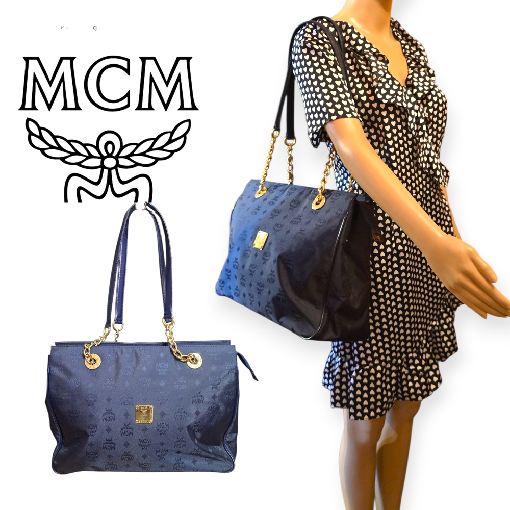 MCM Dark Blue Nylon Visetos Chain Tote